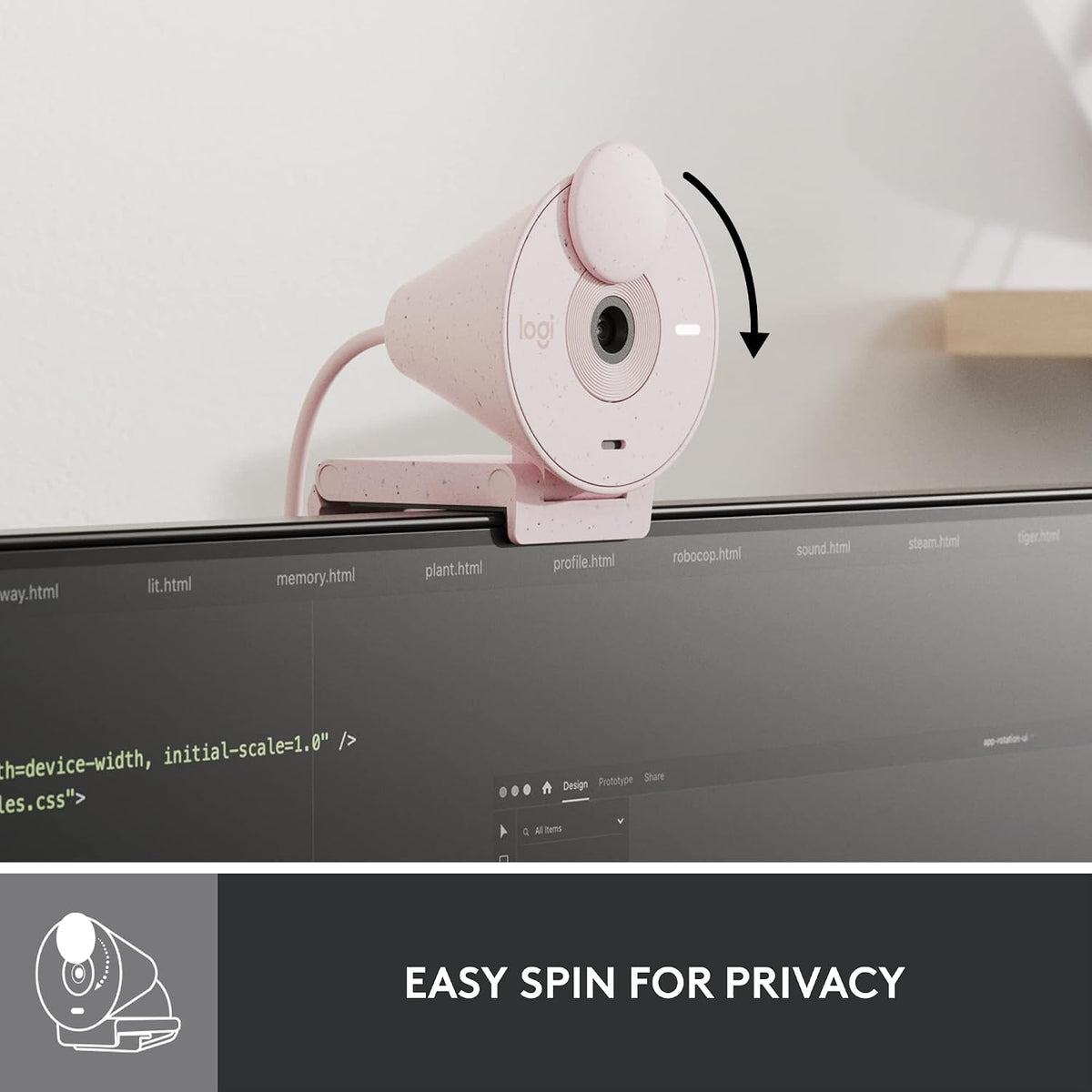 Computer monitor with a webcam on a stand, showing text 'EASY SPIN FOR PRIVACY'.
