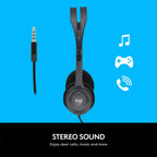 Black headphones with audio cable on a blue background, featuring Logi branding.