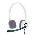 White headset with gray ear cushions and a blue microphone on a white background