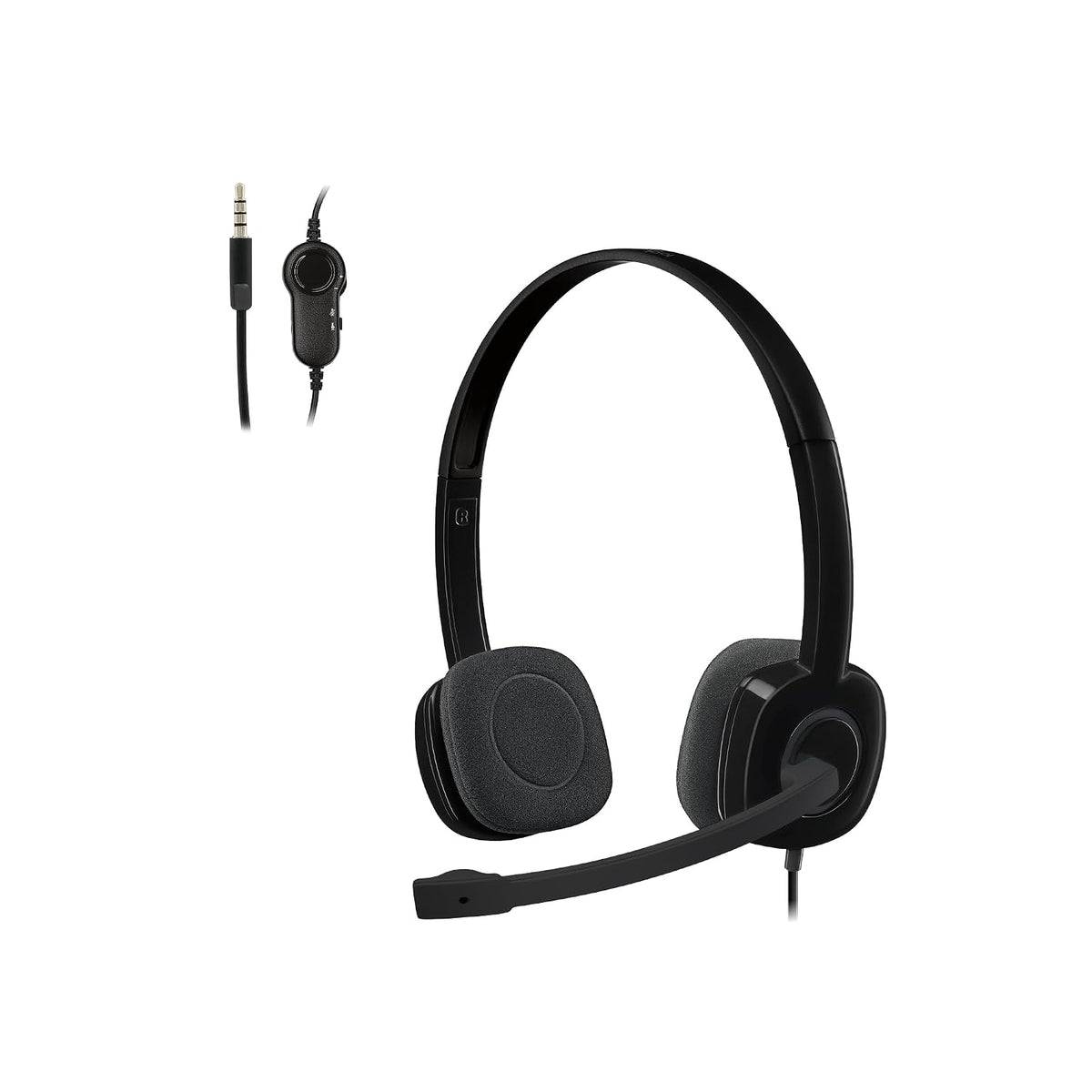 Black headset with microphone on a white background