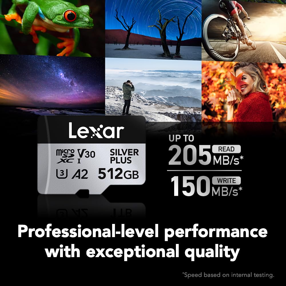 Lexar Professional Silver Plus microSDXC Memory Card w/SD Adapter, UHS-I, C10, U3, V30, Full-HD & 4K Video, Up to 205/150 MB/s Read/Write, for Videographers, Gamers
