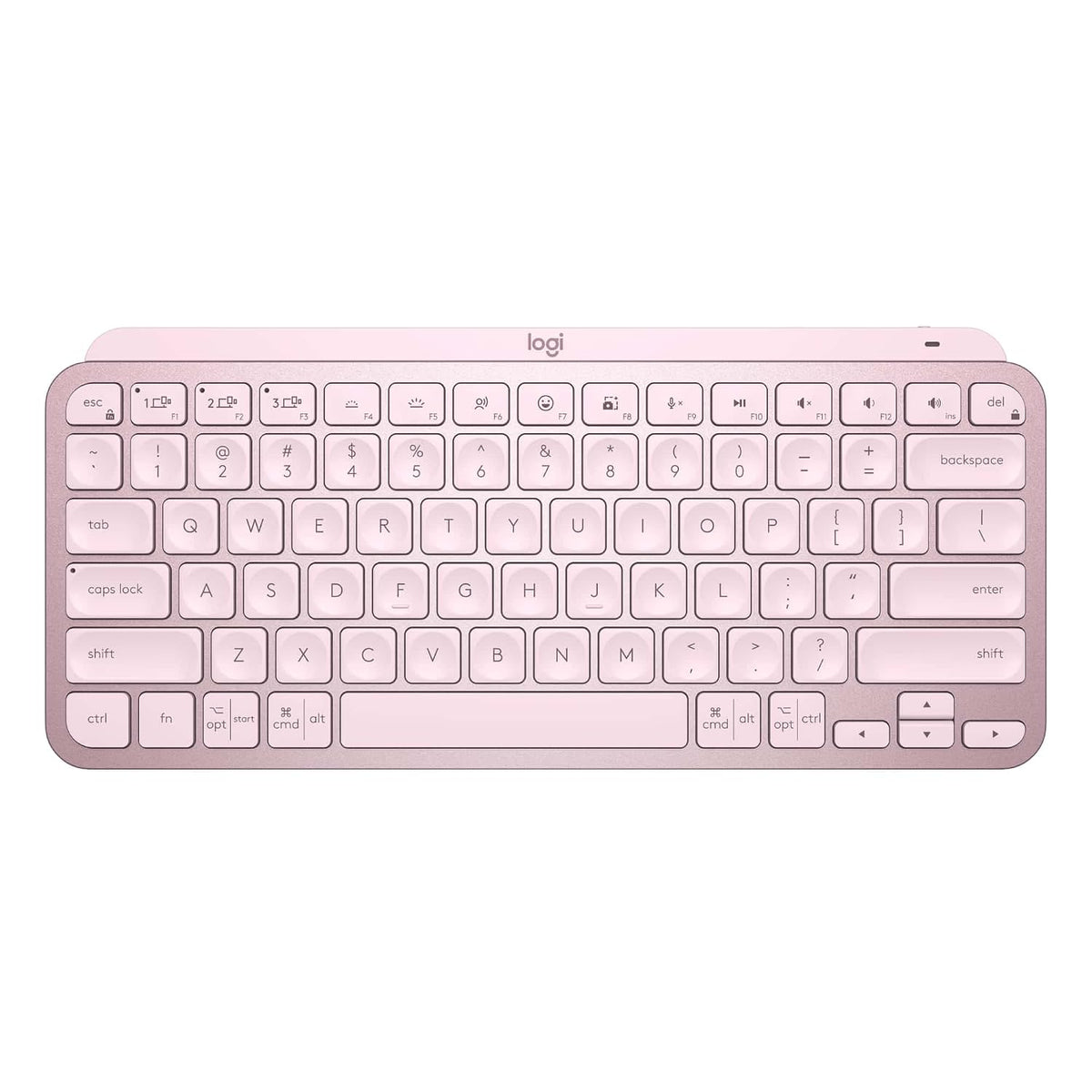 A Logitech wireless keyboard in a light pastel pink color, shown from a top-down perspective on a solid white background.
