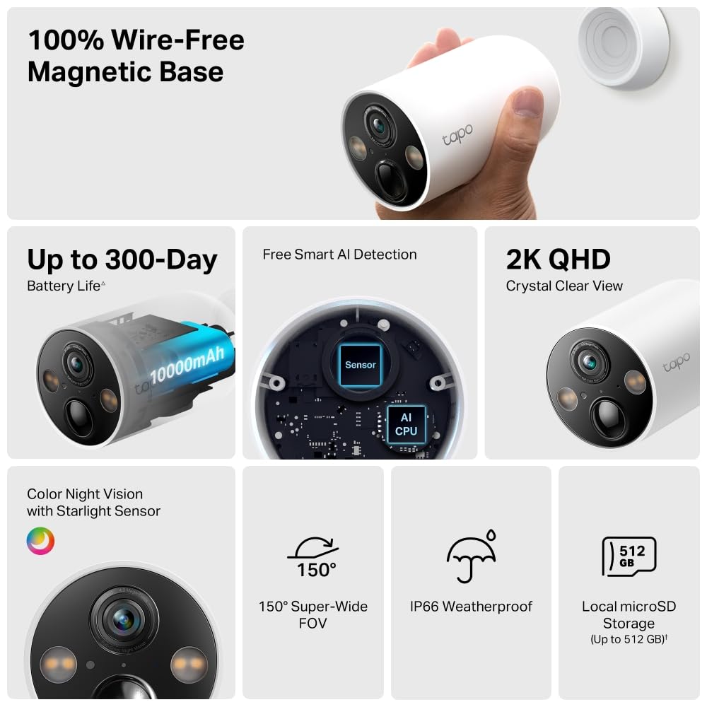TP-Link Tapo C425 4MP 2K QHD Weatherproof Smart Wire-Free Security Camera - 1 Pack