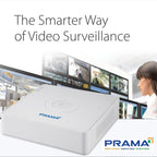 A white PRAMA video surveillance recorder shown in a promotional graphic with the text 'The Smarter Way of Video Surveillance,' a blurred monitoring room scene with multiple screens, and a woman on the right. PRAMA branding appears prominently.