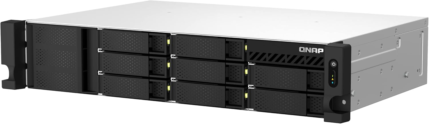 QNAP NAS device with multiple drive bays on a white background
