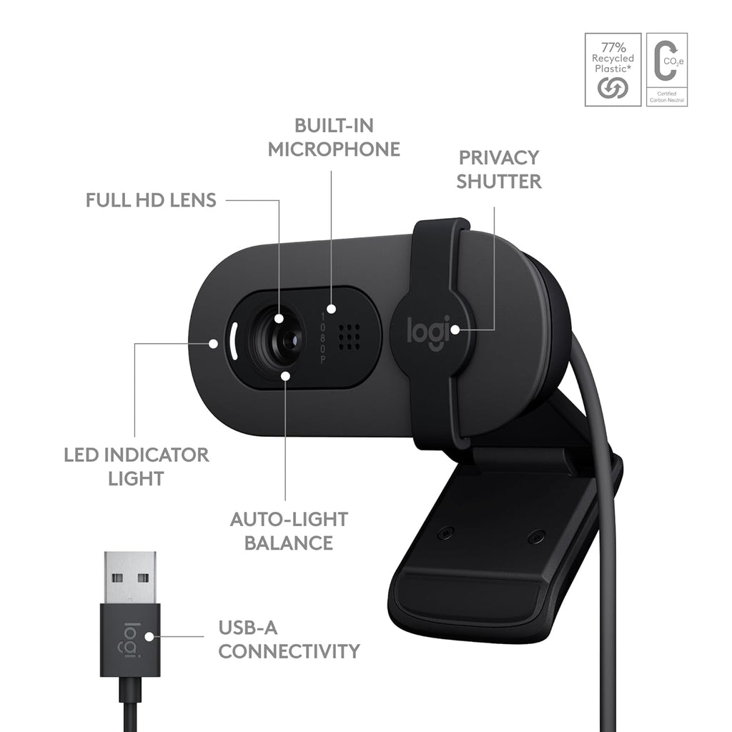 Logitech BRIO 100 USB-A 1080p FHD Webcam with Privacy Shutter and Built-in Mic - Graphite