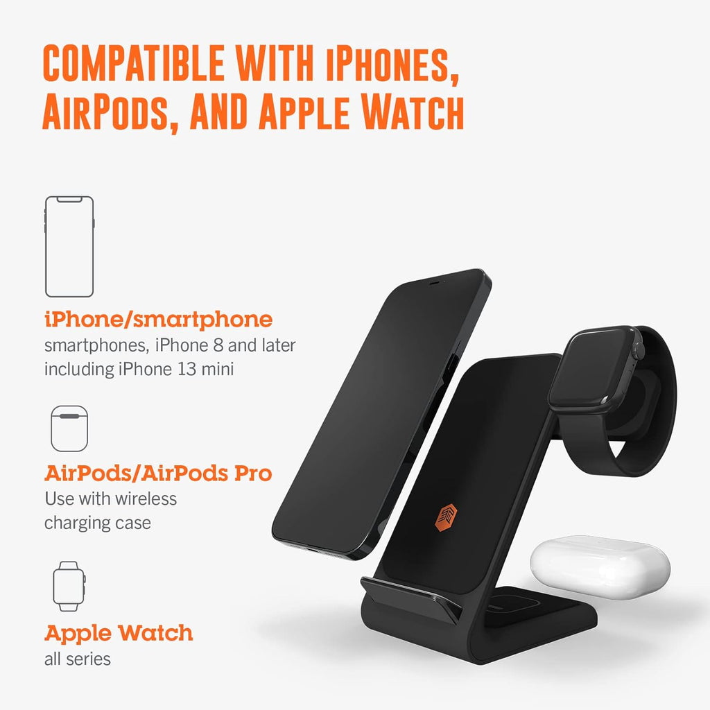 STM ChargeTree Swing 3-in-1 Wireless Charger Station – Qi-Certified Charger for iPhone, Android, AirPods & Apple Watch with Nightstand Mode Swing Arm – USB-C Cable Included, Black