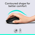 Hand using a computer mouse with text 'Contoured shape for better comfort' on a light gray background.