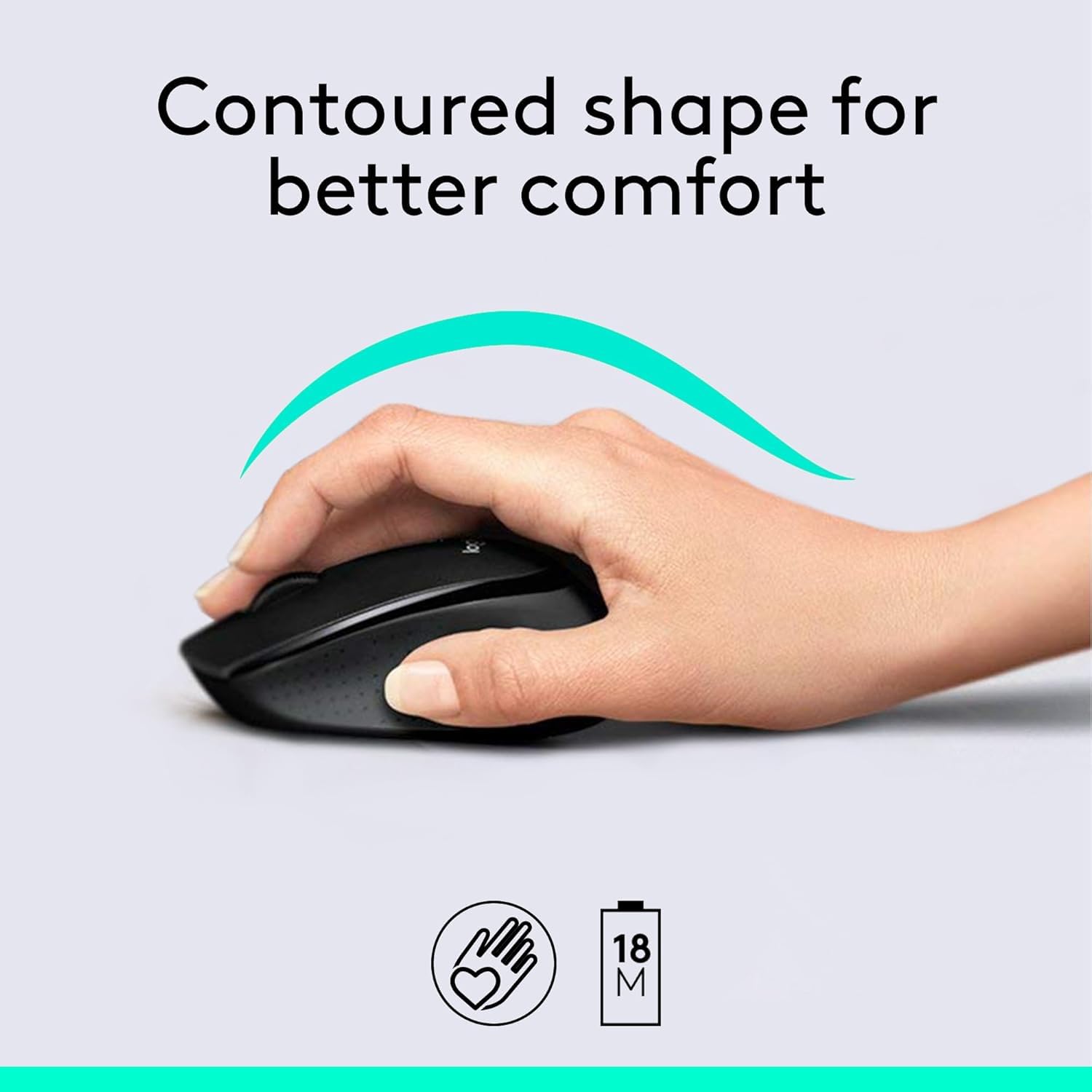 Hand using a computer mouse with text 'Contoured shape for better comfort' on a light gray background.