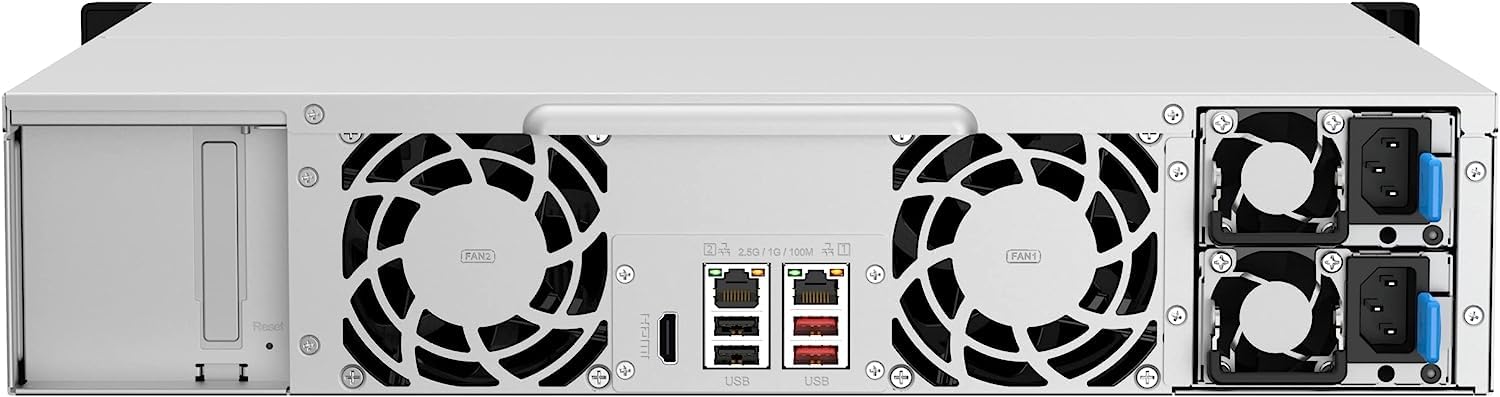 Back view of a server with fans and connectivity ports