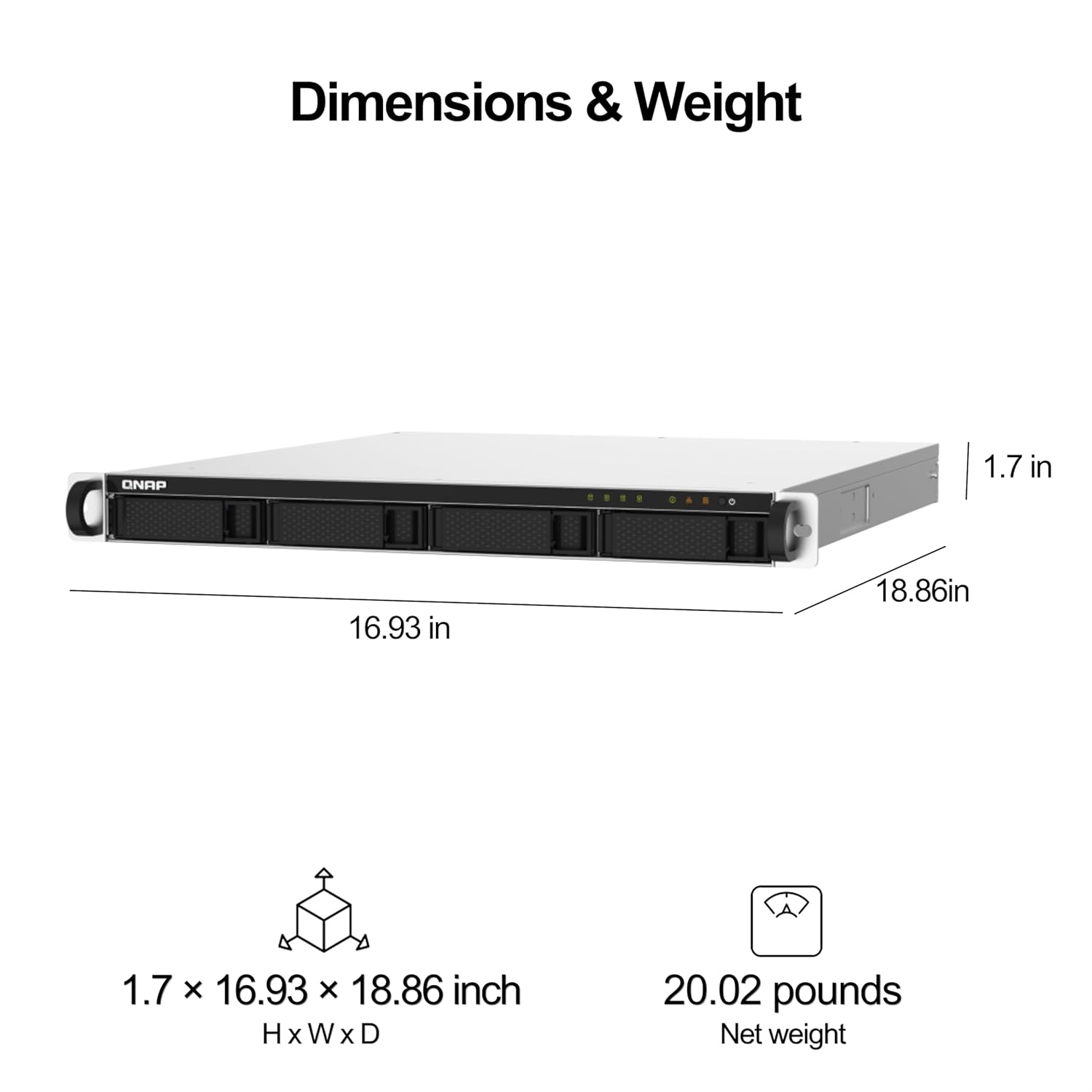 Diagram of a server rack with dimensions and weight information on a white background