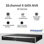 PRAMA 16-channel 2 SATA NVR security camera recorder with AI Sense, featuring a black and silver front faceplate, shown with feature callouts including 4K HD recording, H.265+ compression, 10TB HDD storage, and 160Mbps incoming bandwidth.