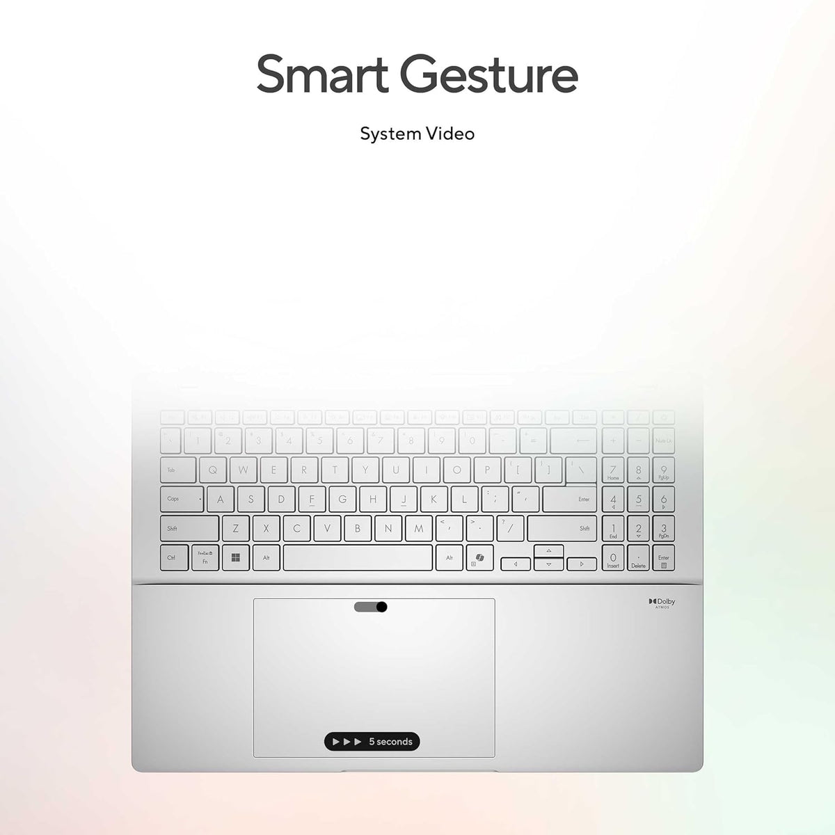 A silver laptop base with a keyboard and touchpad, shown against a soft white background with the text 'Smart Gesture' and 'System Video' above it.