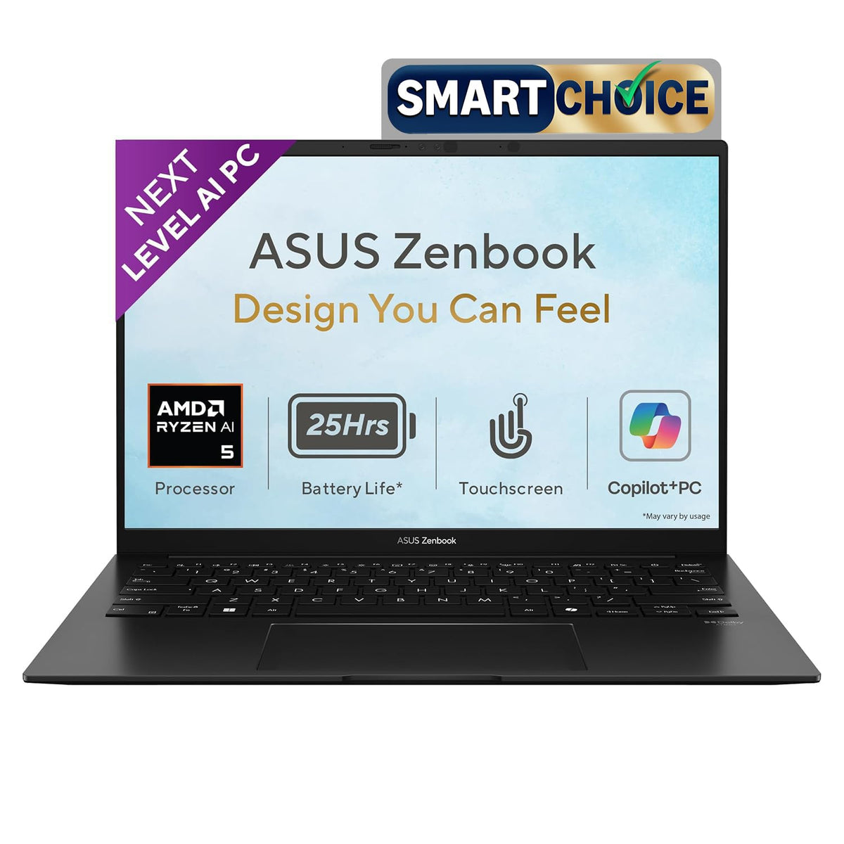 ASUS Zenbook laptop shown open on a white background, with a purple 'Next Level AI PC' ribbon banner on the screen and a 'Smart Choice' badge above. The laptop is black with a visible ASUS logo below the screen.