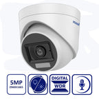 A white dome security camera with a black lens area, shown on a light gray background with four blue feature icons below. The camera has the brand name 'PRAMAR' printed on it.