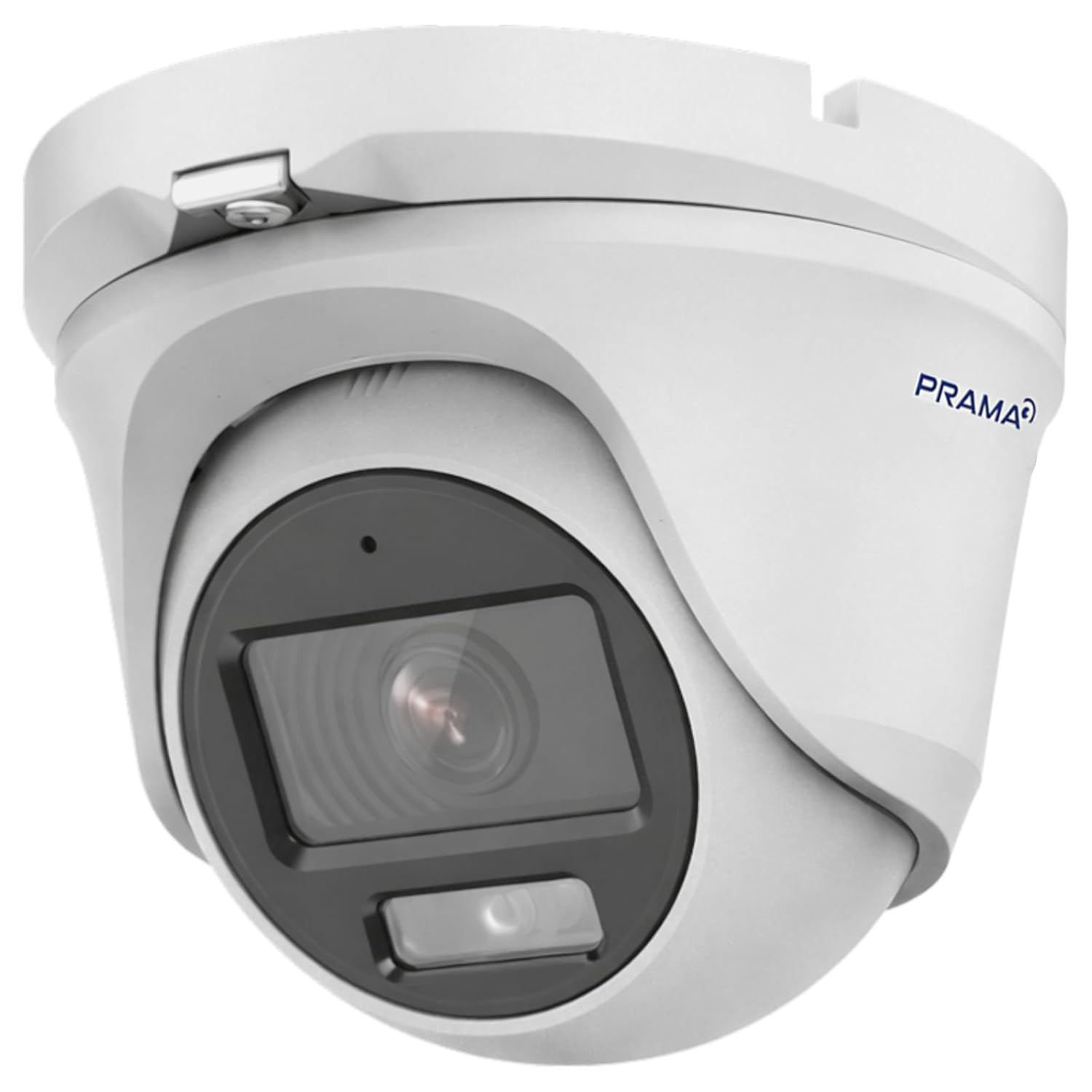 A white dome security camera with a dark gray lens cover and the PRAMA brand name printed in blue on the side, shown against a plain white background.