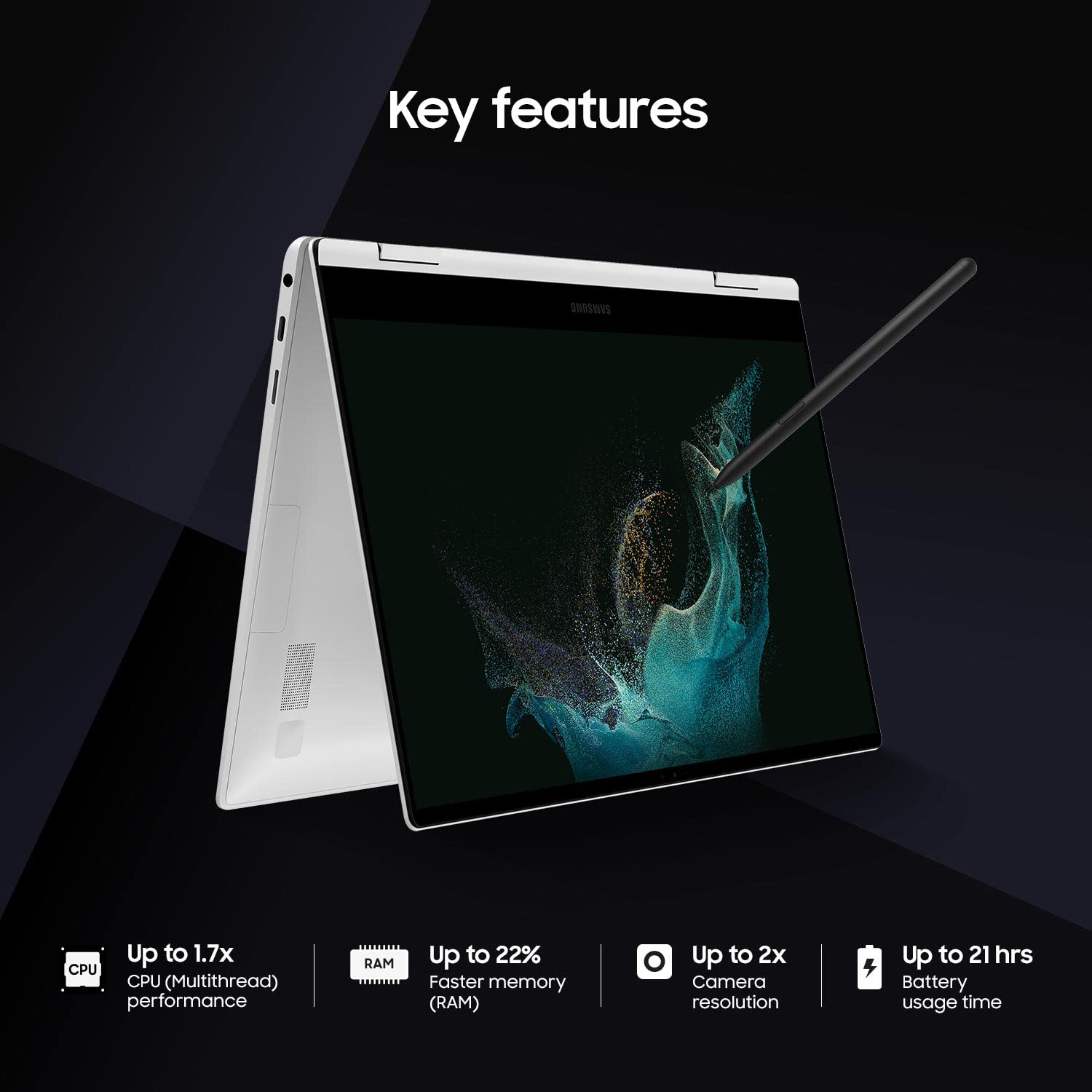 Laptop with stylus on a dark background with key features listed.