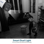 A black-and-white promotional scene showing a security camera in a room, with a person holding a flashlight and carrying a backpack in a dark interior. Text at the bottom reads 'Smart Dual Light' and 'Focus on human and advanced technology.