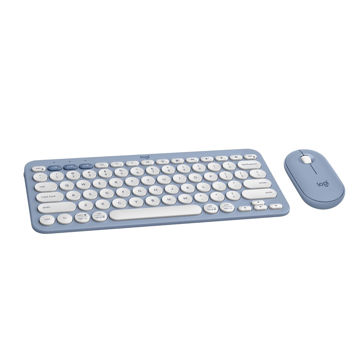 Blue and white keyboard and mouse set on a white background