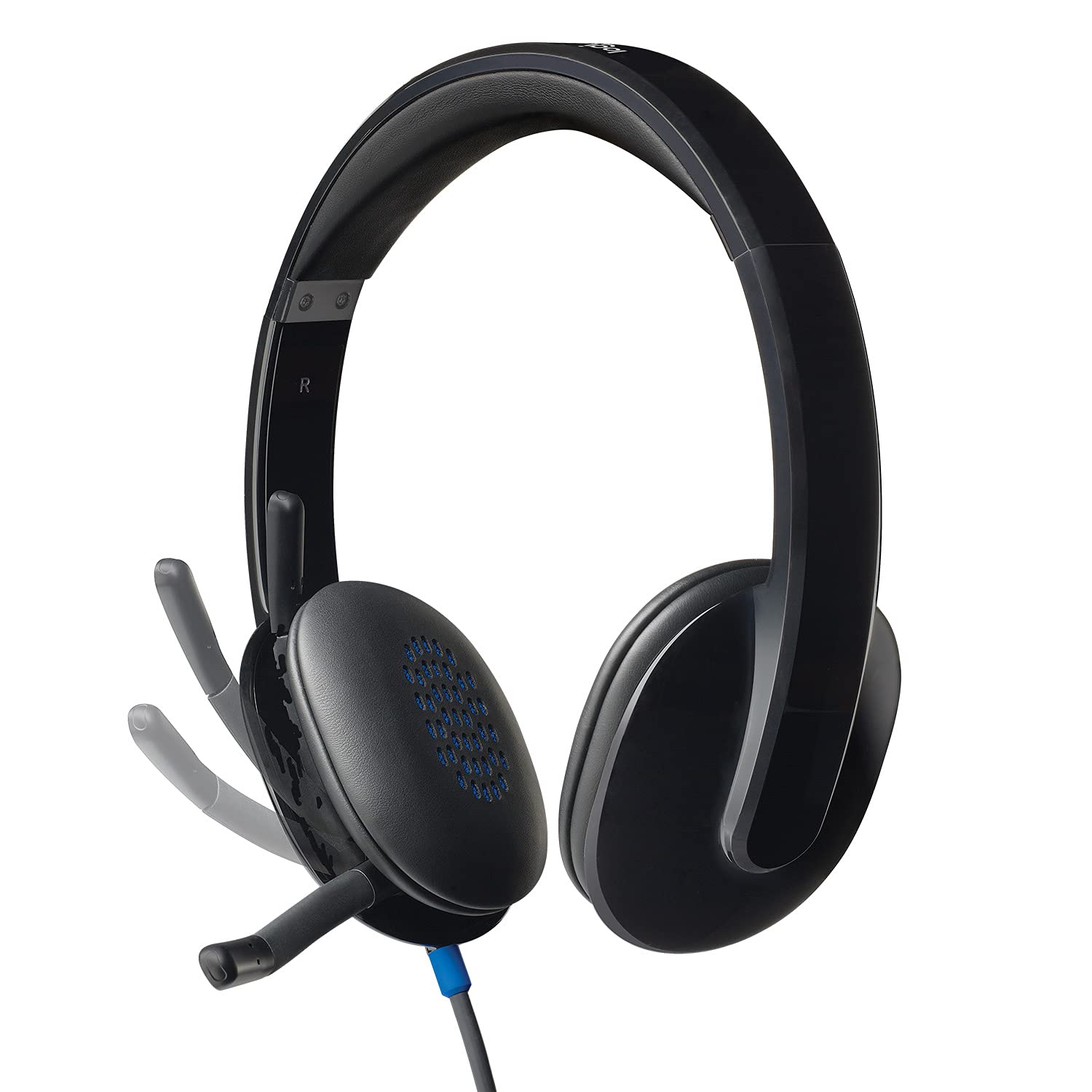 Black headset with microphone on a white background