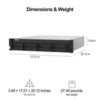Technical dimension diagram of a Crisp enterprise server rack, showing its width, height, and depth measurements along with its net weight of 27.49 pounds on a white background.
