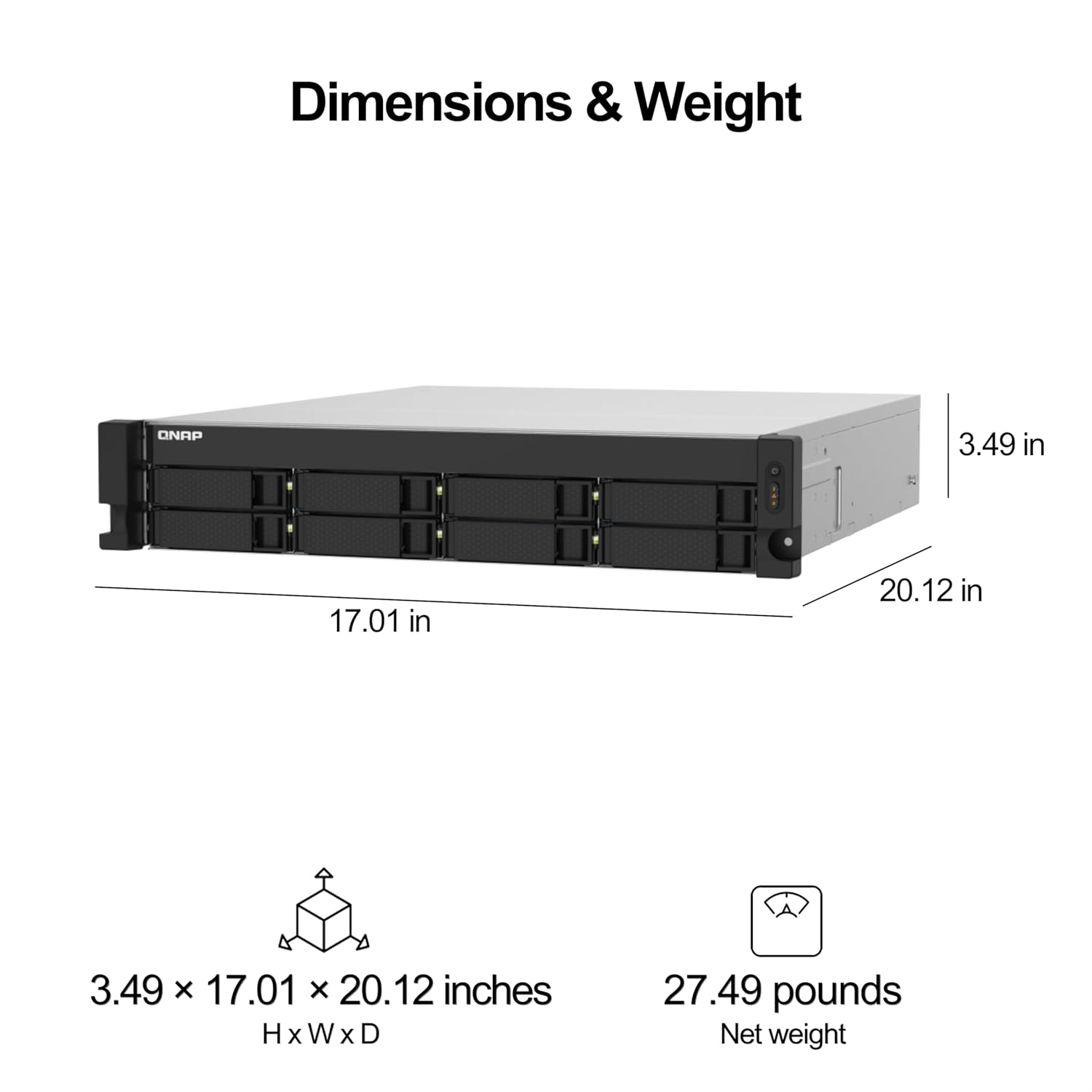 Technical dimension diagram of a Crisp enterprise server rack, showing its width, height, and depth measurements along with its net weight of 27.49 pounds on a white background.