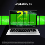 Laptop with screen displaying '21 hours' battery life on a dark background