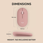 A pink Logitech wireless mouse shown with dimension lines and text on a beige background, including measurements of 106.7mm height, 58.
