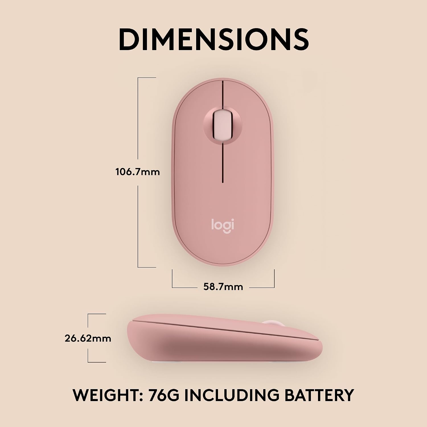 A pink Logitech wireless mouse shown with dimension lines and text on a beige background, including measurements of 106.7mm height, 58.