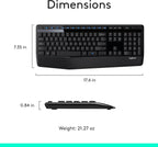 Logitech keyboard with dimensions and weight information on a white background