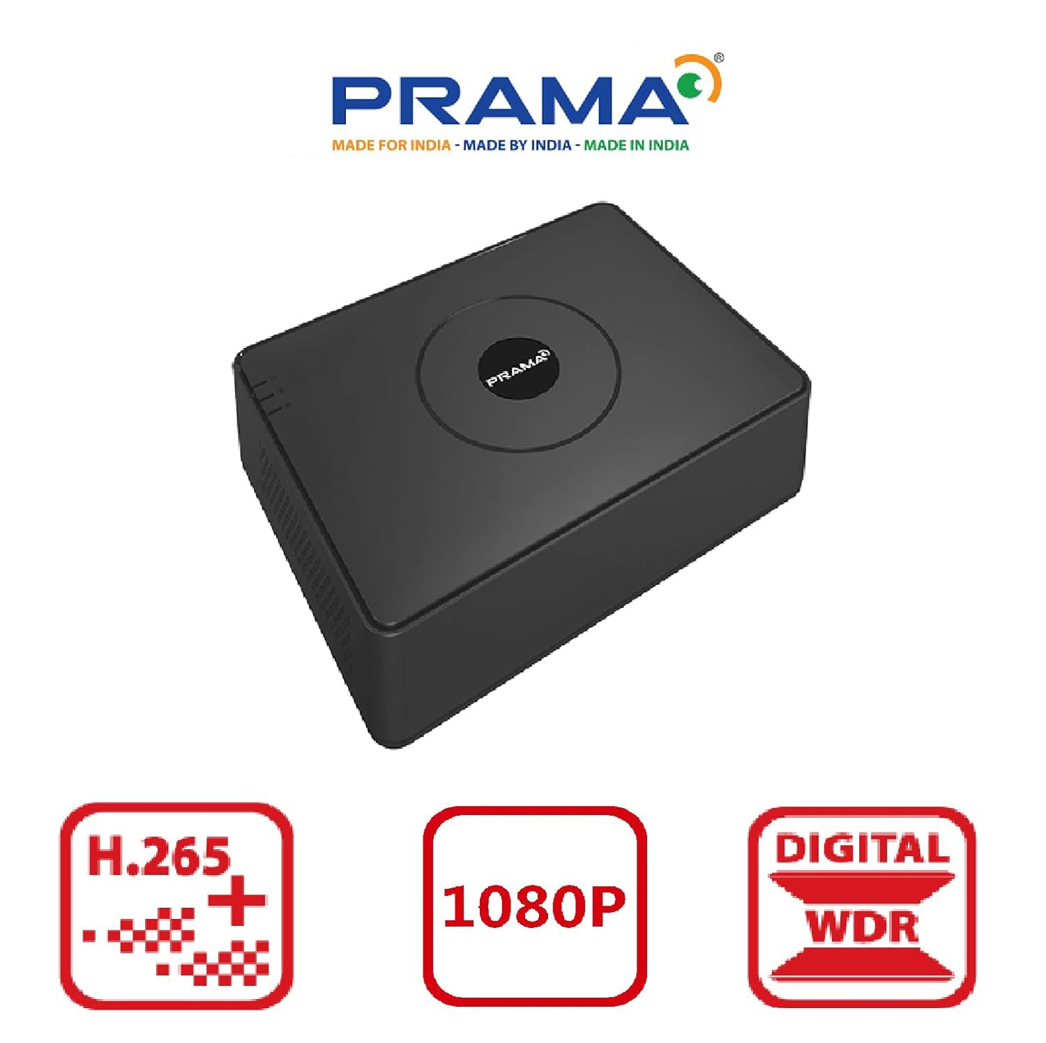 A black Prama H.265 1080p digital WDR DVD recorder shown on a white background with the Prama logo at the top and feature badges at the bottom.