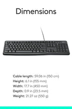 A black computer keyboard shown on a white background with a cable, under the heading 'Dimensions,' with printed measurements for cable length, height, width, depth, and weight below.