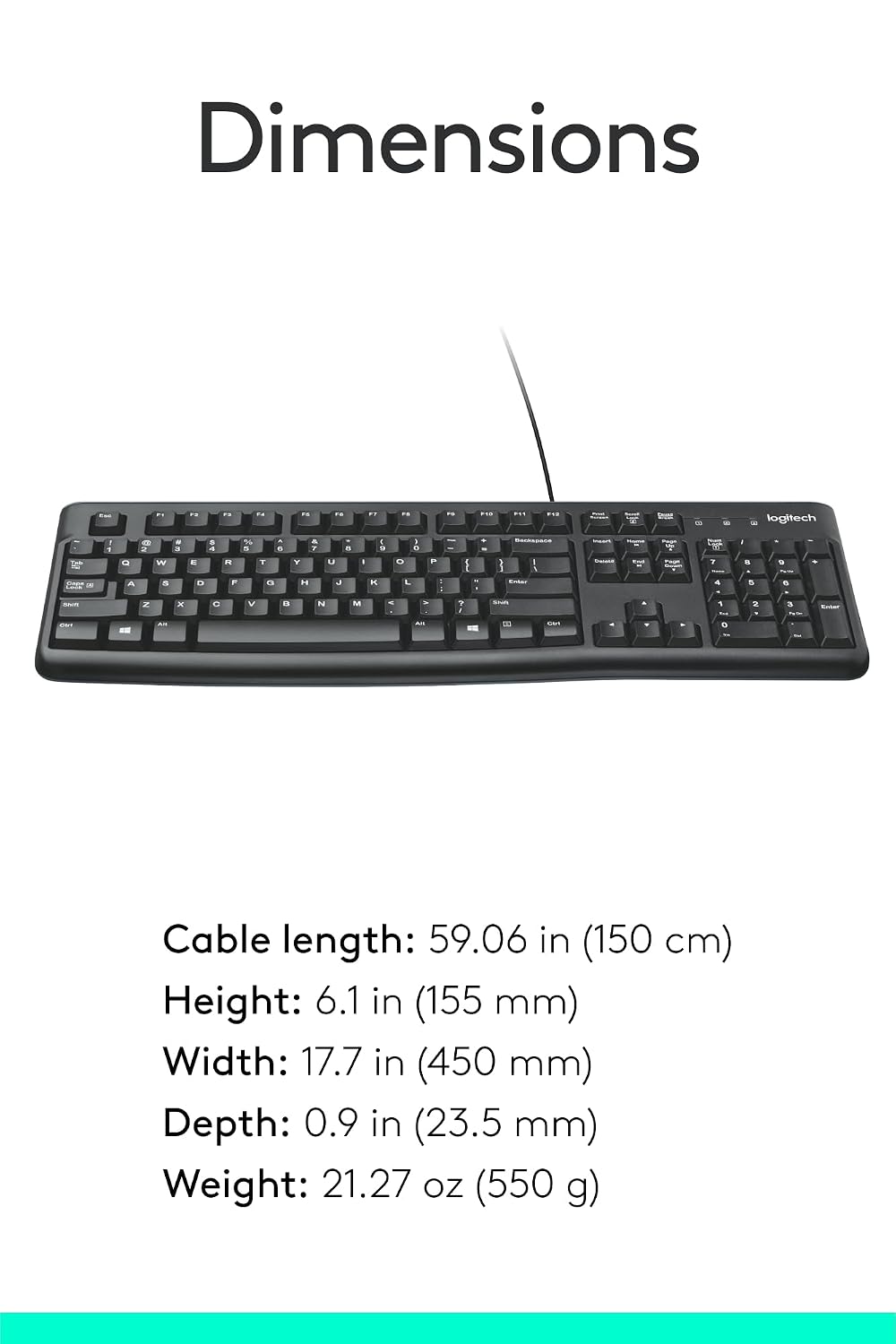A black computer keyboard shown on a white background with a cable, under the heading 'Dimensions,' with printed measurements for cable length, height, width, depth, and weight below.