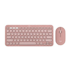 A wireless keyboard and mouse set in a dusty rose pink color, shown on a clean white background. The Logitech brand name is visible on both the keyboard and the mouse.