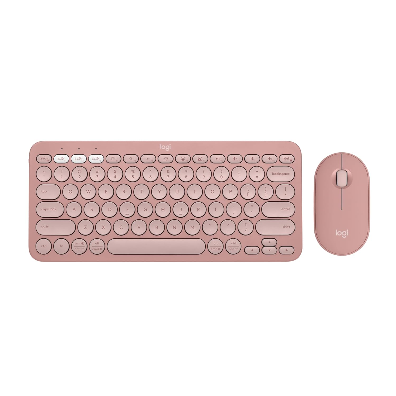 A wireless keyboard and mouse set in a dusty rose pink color, shown on a clean white background. The Logitech brand name is visible on both the keyboard and the mouse.