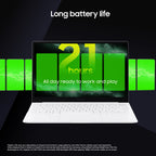 A white laptop centered on a dark background with bright green battery graphics and the text 'Long battery life' and '21 hours All day ready to work and play.'.