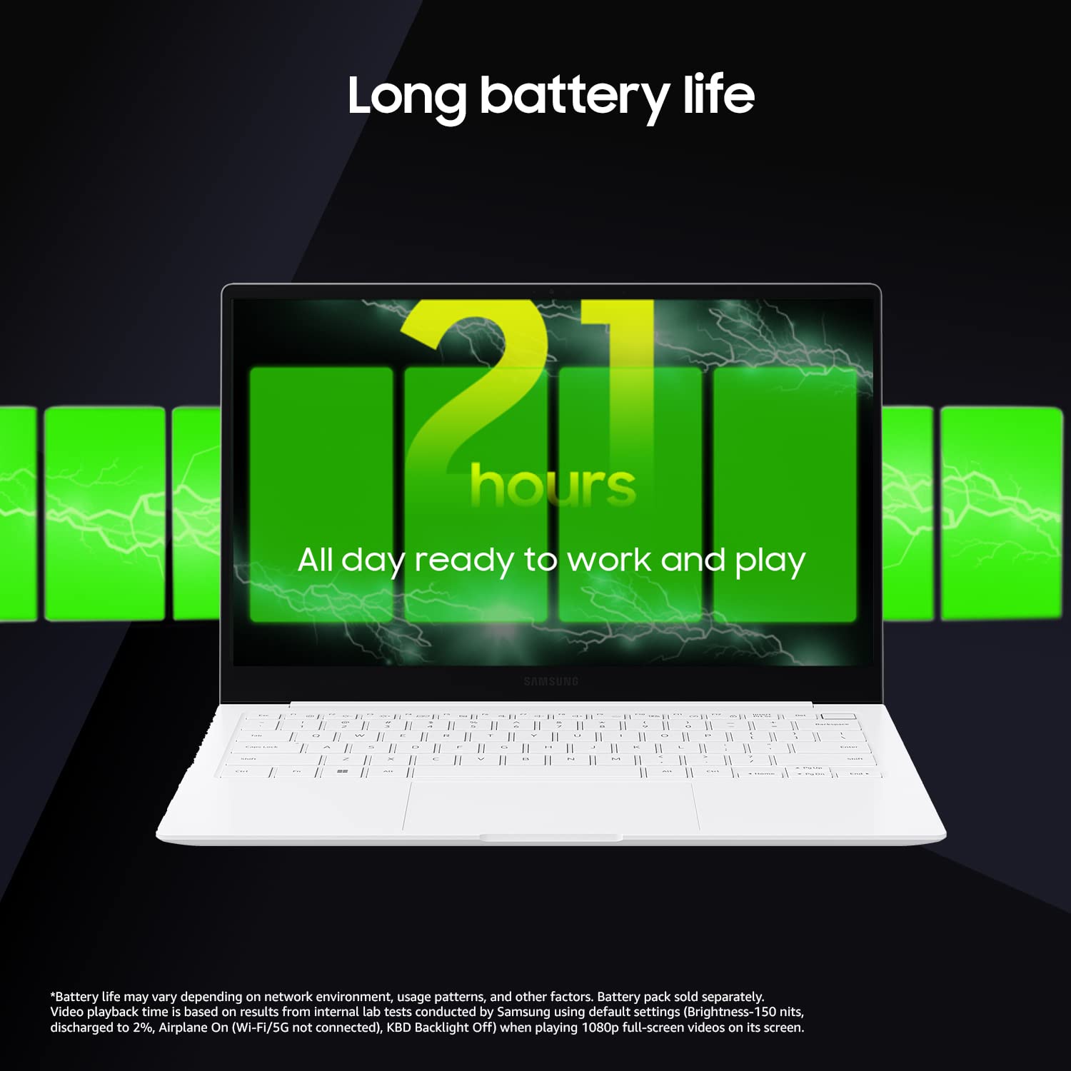 A white laptop centered on a dark background with bright green battery graphics and the text 'Long battery life' and '21 hours All day ready to work and play.'.