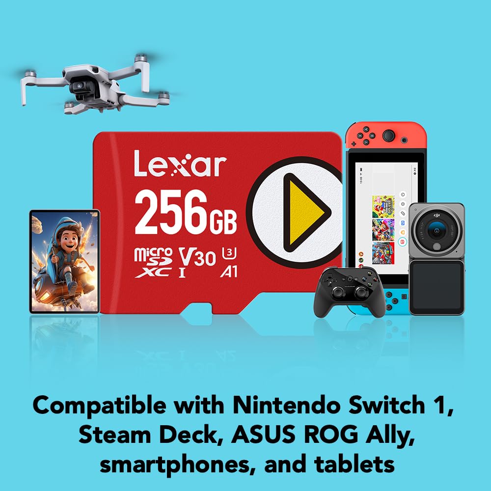 Lexar 256GB Play microSDXC Memory Card, UHS-I, C10, U3, V30, A2, Full-HD & 4K Video, Up to 205/140 MB/s, Expanded Storage for Nintendo-Switch, Gaming Devices, Smartphones, Tablets (LMSPLAY256G-BNSNU)