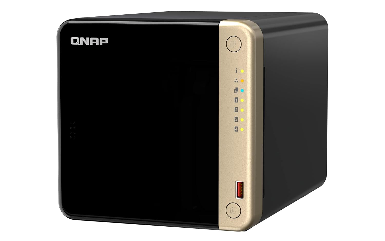 QNAP network storage device with black and gold design on a white background