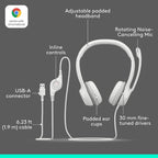 Headphones with labeled features on a gray background