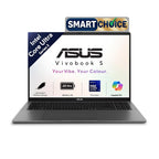 An ASUS Vivobook S laptop shown open on a white background, with a 'SMART CHOICE' badge above it. The screen displays ASUS branding and feature callouts including Intel Core Ultra Series 3, 25 Hrs battery life, Intel Evo 8 processor, and Copilot+PC.
