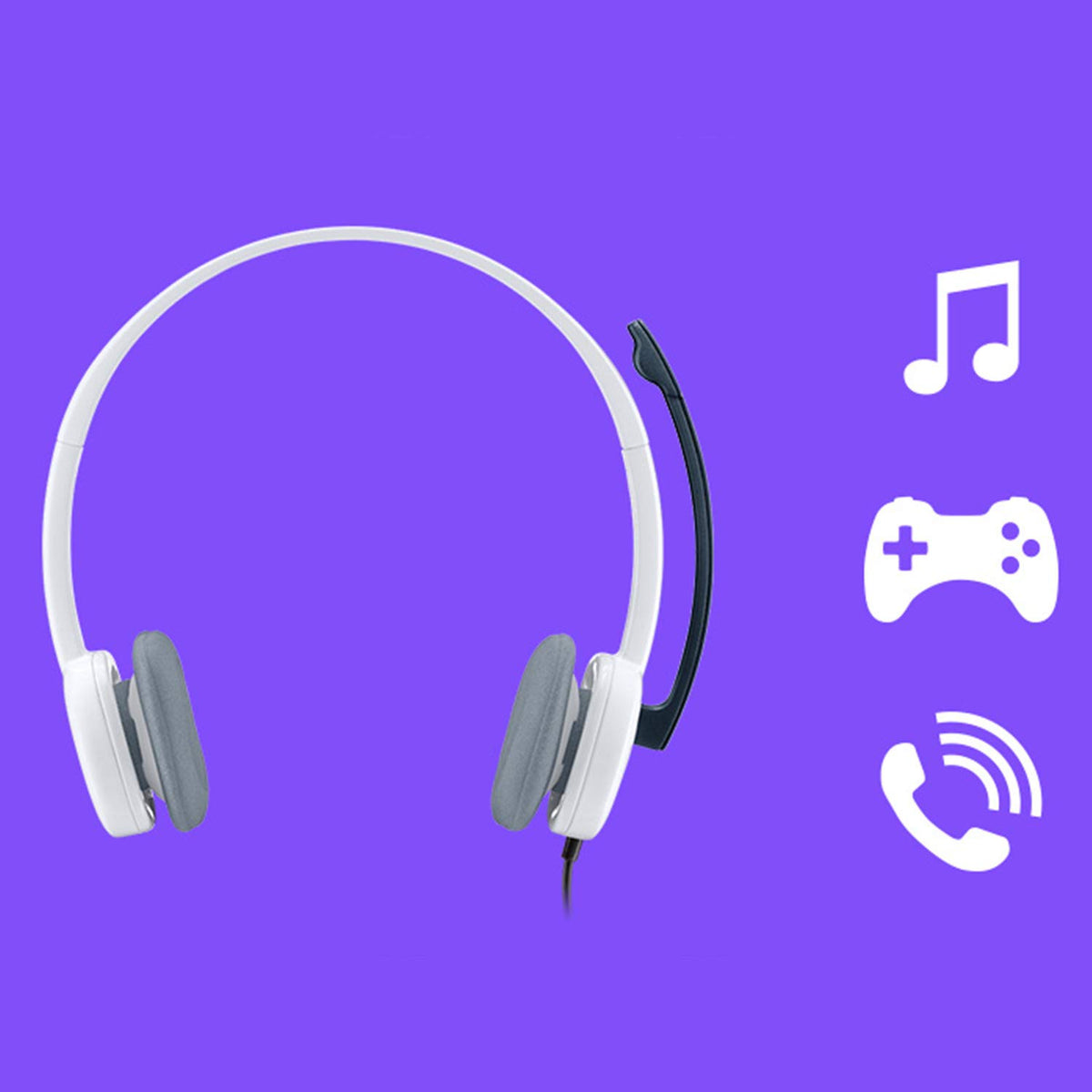 White over-ear headset with a black microphone boom on a purple background, shown next to white icons for music, gaming, and phone.