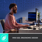 Man using a computer with a mini size, ergonomic design feature highlighted.
