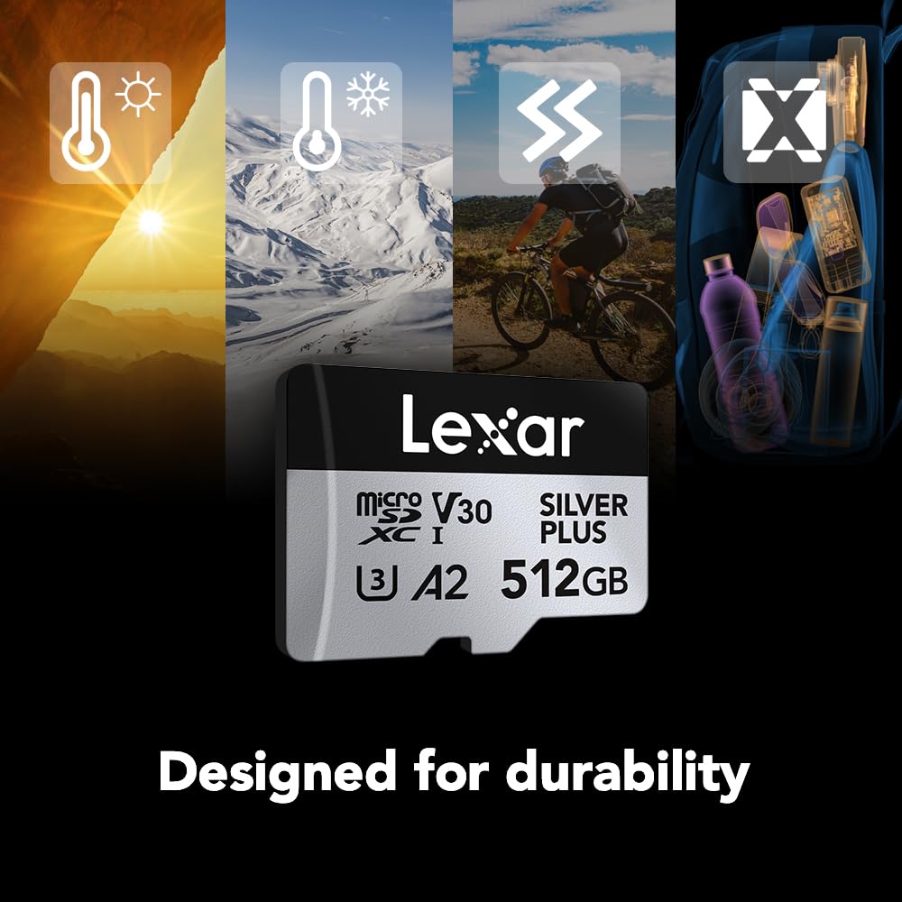 Lexar Professional Silver Plus microSDXC Memory Card w/SD Adapter, UHS-I, C10, U3, V30, Full-HD & 4K Video, Up to 205/150 MB/s Read/Write, for Videographers, Gamers