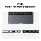 Laptop ports with text 'Ports. Plug in for more possibilities' on a white background