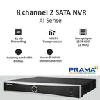 PRAMA 8-channel 2 SATA NVR DVR with AI Sense, featuring a black and silver front view on a light gray background with feature callouts for 4K HD recording, H.265+ compression, 10TB HDD storage, and 80Mbps incoming bandwidth.