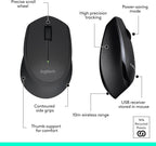 Logitech mouse with labeled features on a white background