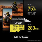 Lexar 128GB Professional Gold Micro SD Card, UHS-II, C10, U3, V60, A1, Full HD, 4K, Up to 280/100 MB/s microSDXC Memory Card, for Drones, Action Cameras, Portable Gaming Devices (LMSGOLD128G-BNNNG)