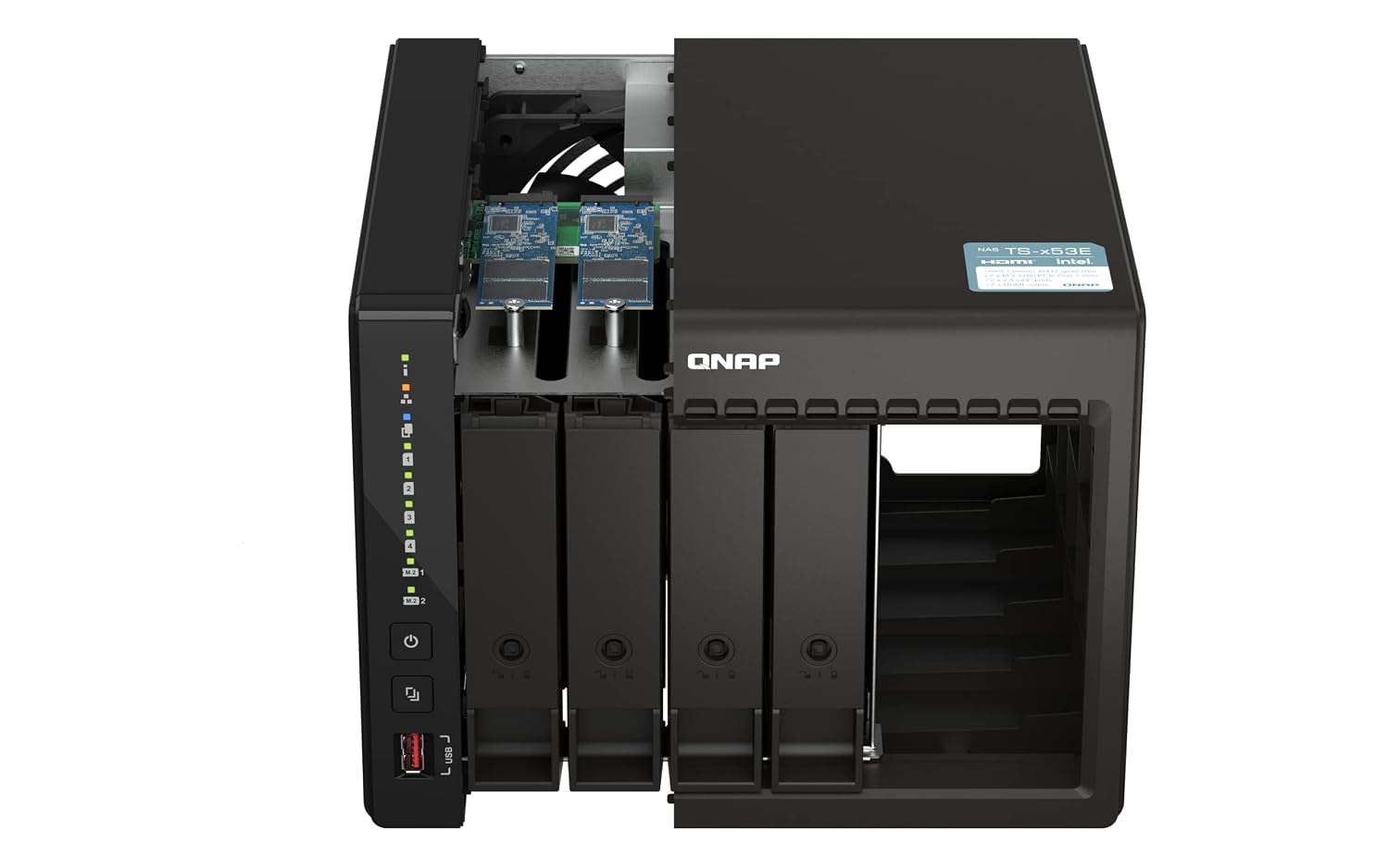 QNAP NAS device with multiple drive bays on a white background