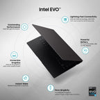 A black Lenovo ThinkPad laptop shown open at an angle on a light gray background, surrounded by callout circles and text highlighting Intel EVO features such as lightning-fast connectivity, outstanding performance, immersive graphics, instant wake, and powerful battery life.